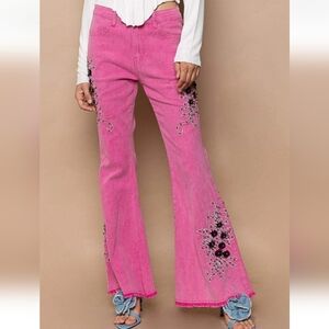 Pink Embroidered Flare Jeans